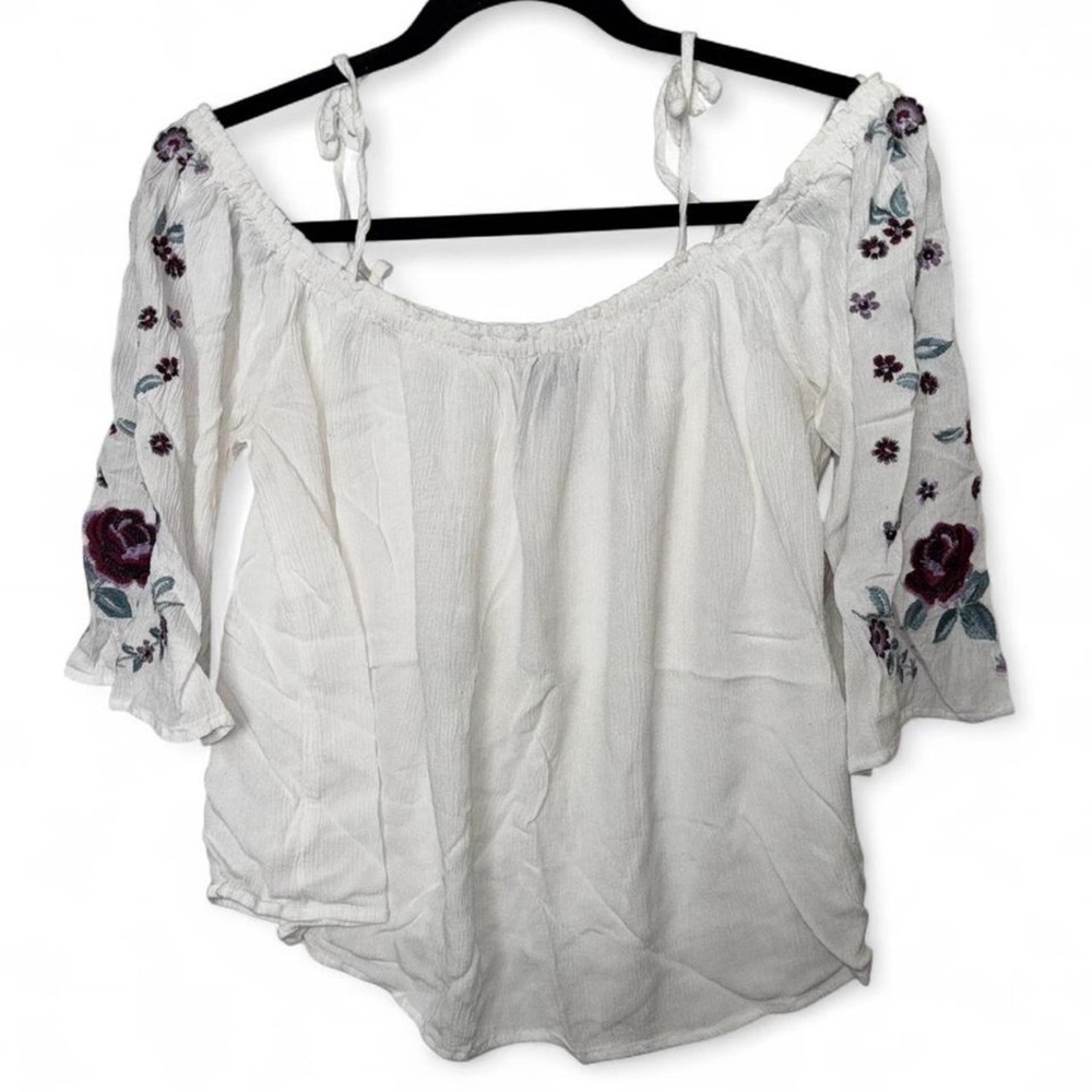 Y2K Aeropostale Off-Shoulder White Blouse with Floral Details